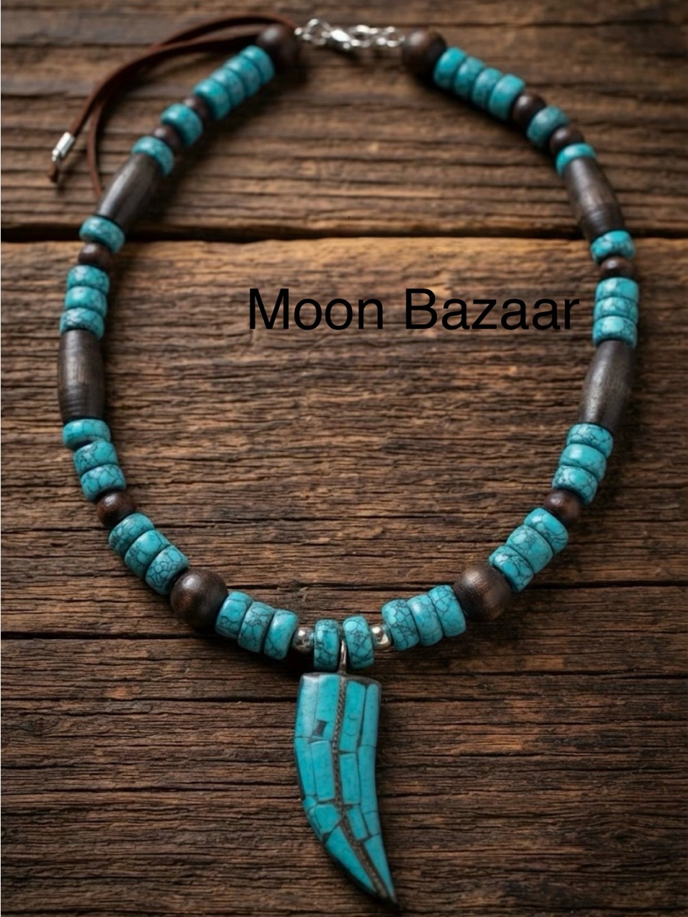 Artisan Turquoise and Dark Wood Pendant Necklace